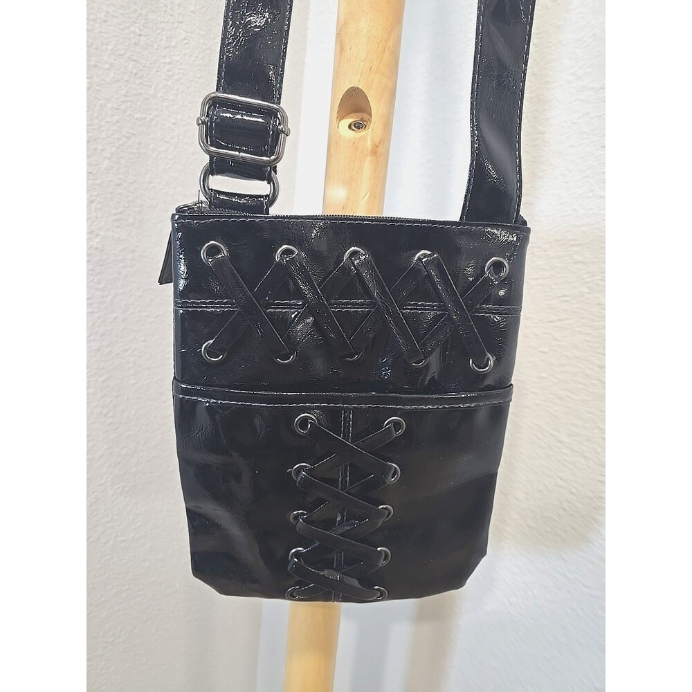 Giannini Crossbody Bag Black Lacquer Faux Patent Leather Laced Travel Vacay City